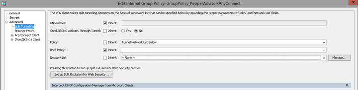group policy for the selected VPN